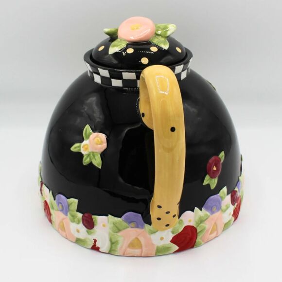 Vintage Mary Engelbreit Teapot Ceramic Cottage Rose Black White Check Design - Picture 4 of 7